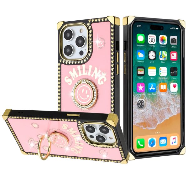 Design Case For iPhone 11 - Pink - Passion Square Hearts Smiling Diamond Ring Stand Wild Flag Cheap