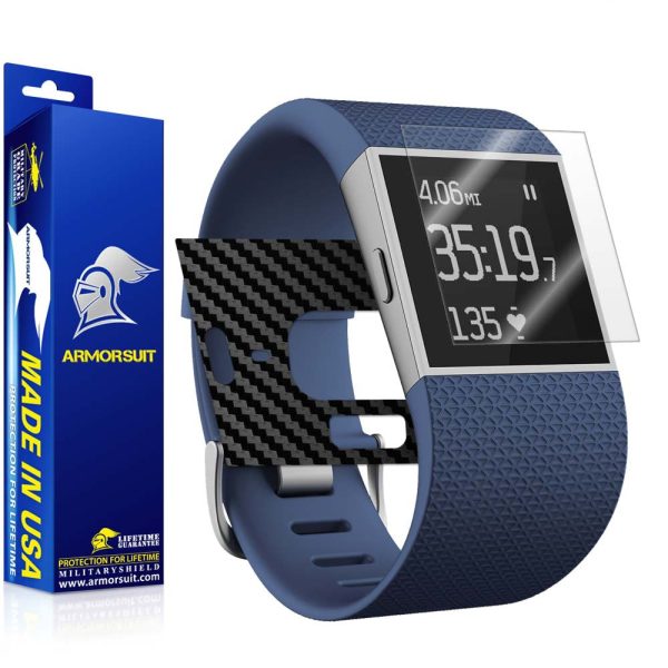 Fitbit Surge Fitness Superwatch Screen Protector + Black Carbon Fiber Skin Online now