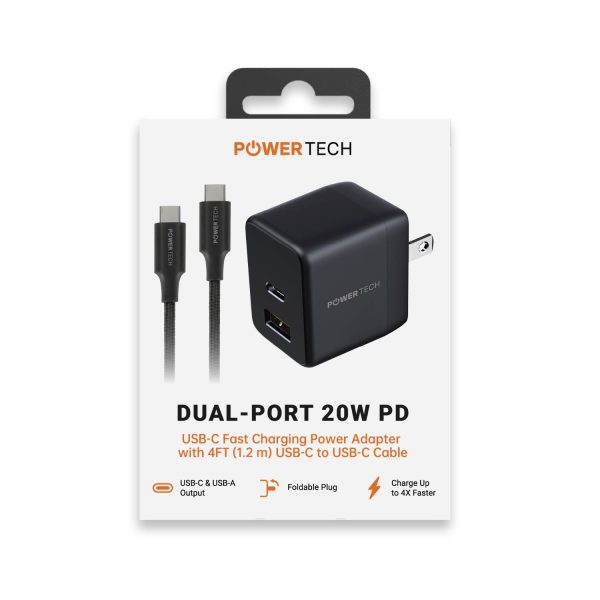 Powertech PD 20W Dual-Port USB-A & USB-C Wall Charger W  4  C-C Cable - Black For Discount